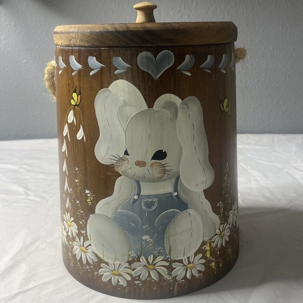 Easter Bunny Indiana Wooden Bucket Pa with Lid & Cord Rope Handle Hand Painted